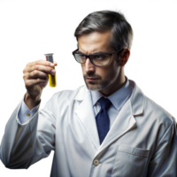 Mature scientist holding a beaker, analyzing contents with concentration on a transparent background png