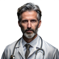 Male doctor with a serious expression wearing a stethoscope on a transparent background png