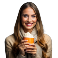 Young woman holding a glass of orange juice, smiling brightly on a transparent background png