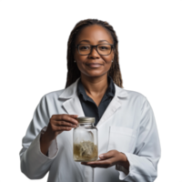 Confident female scientist holding a glass jar with specimen in a lab coat and glasses, on a transparent background png