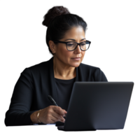 Confident woman wearing glasses working on a laptop, dressed in a business suit, on a transparent background png