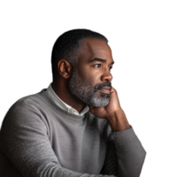 Thoughtful bearded man in sweater contemplating while seated with hand on chin, on a transparent background png