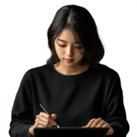 Young woman with a serious expression writing in a notebook, deeply focused, on a transparent background png