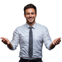 Smiling businessman with open hands gesturing confidently, dressed in a formal shirt, on a transparent background png