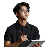 Focused young man in glasses using a digital tablet, holding a stylus, on a transparent background png
