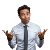 Confident man in business attire gesturing with a surprised expression, on a transparent background png