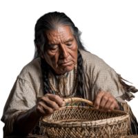 Elderly man carefully weaving a basket by hand, focused on the intricate details, on a transparent background png