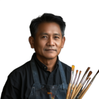 Confident male artist holding a collection of paintbrushes, wearing a black apron, on a transparent background png