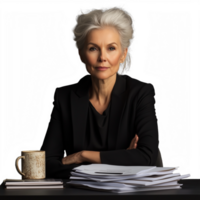 Professional elderly woman sitting at a desk with a stack of papers, serious expression, on a transparent background png