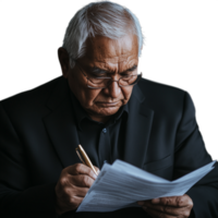 Serious elderly man in a suit reading a document, focused on his task, on a transparent background png