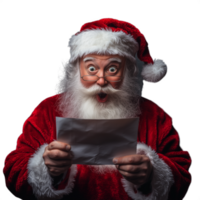 Santa Claus reading a letter with a surprised expression, on a transparent background png