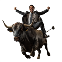 Businessman in a suit joyfully riding a powerful bull with a transparent background, symbolizing success, adventure, and triumph in business and finance concepts png