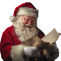 Santa Claus reading a Christmas wish list, smiling as he checks it, on a transparent background png