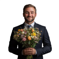 Smiling man in suit holds colorful bouquet of flowers with transparent background png