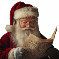 Santa Claus reading a letter with a focused expression, on a transparent background png