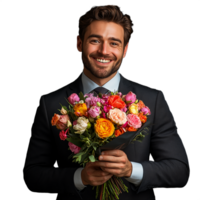 Smiling man in formal suit holding a colorful bouquet of flowers on transparent background, expressing happiness and celebration. png