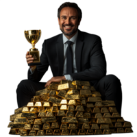 Confident businessman in suit proudly holding a golden trophy while sitting with a large stack of gold bars on transparent background png