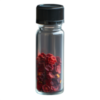 Glass jar containing dried red petals on a transparent background ideal for use in aromatherapy or herbal medicine projects png