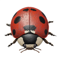 Close-up view of a detailed ladybug with distinctive red and black spots on a transparent background, showcasing the beauty of nature and insect anatomy png