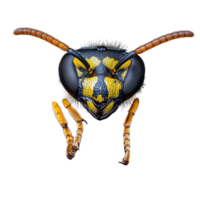 Macro photograph of a wasp displaying intricate details of its vibrant yellow and black patterns on a transparent background, highlighting its fascinating natural design. png