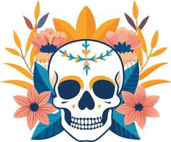 Day of the Dead skull with orange and yellow flower, flat style, for web design, invitations, festive decor vector