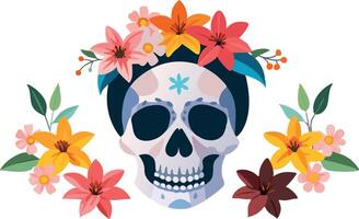 Skull with flowers, vibrant illustration for posters, web design, Dia de los Muertos, Halloween, isolated on white background vector