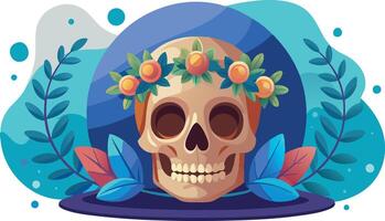 Vibrant skull with flower crown, flat design for web banners, poster art with a festive theme, isolated on white background vector