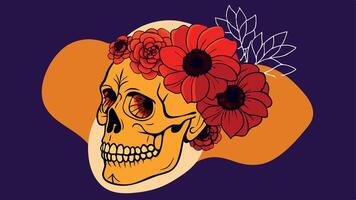 Vibrant yellow skull with a flower crown for Day of the Dead illustrations and boho-themed graphic design vector