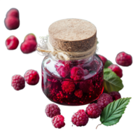 Glass jar filled with fresh raspberries and natural juice with cork lid on transparent background png