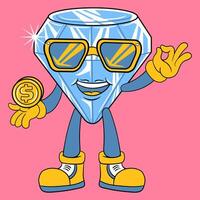 Cute Diamond With Sunglass Holding Coin Cartoon Illustration vector