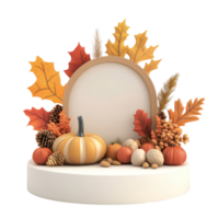 3d pumpkin and autumn leaves on a white pedestal png