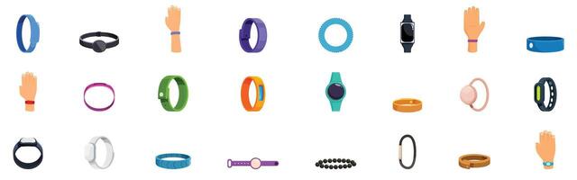 Mosquito repellent bracelet icons set. Set of smart watch icons showing different models and colors for men and women vector
