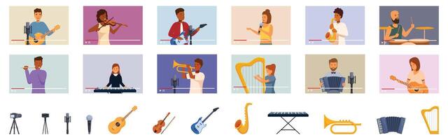 Blogger musician icons set. Musicians playing instruments and recording music online using streaming platform vector