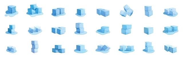Ice cube cocktail icons set. Set of ice cubes melting in different arrangements vector