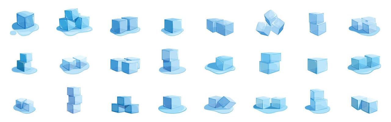 Ice cube cocktail icons set. Set of ice cubes melting in different arrangements