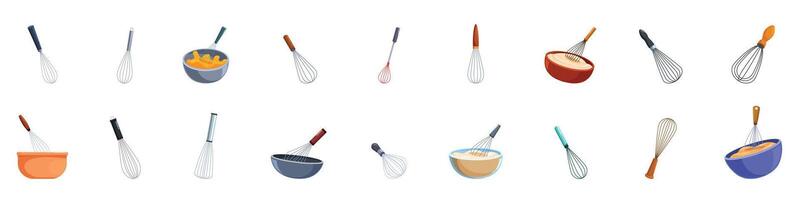 Baking whisk icons set. Collection of whisk icons, cartoon style, mixing tools for cooking and baking vector