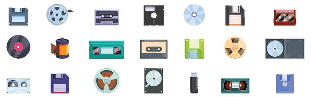 Retro media storage icons set. Collection of retro data storage devices representing evolution of technology vector