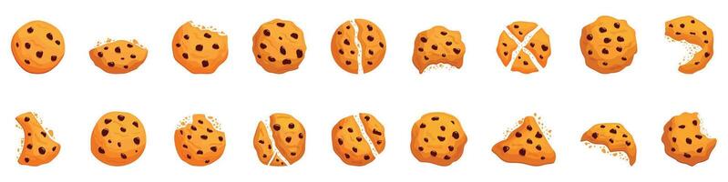 Chocolate chip cookie icons set. Set of chocolate chips cookies showing different stages of being eaten vector