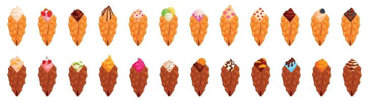 Hong kong waffle icons set. Set of bubble waffles with different toppings being served on white background vector