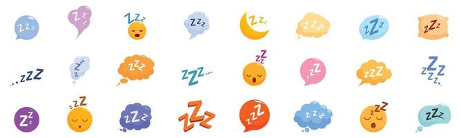 Zzz sleep snore icons set. Sleeping emojis and speech bubbles showing zzz text representing sleep vector
