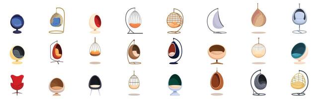 Egg chair icons set. Collection of modern hanging and standing egg shape armchairs vector