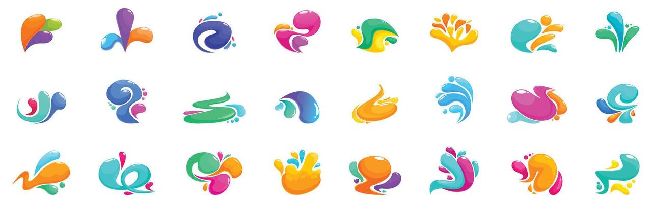 Rainbow swirls drops icons set. Colorful abstract liquid shapes forming a collection of modern logos