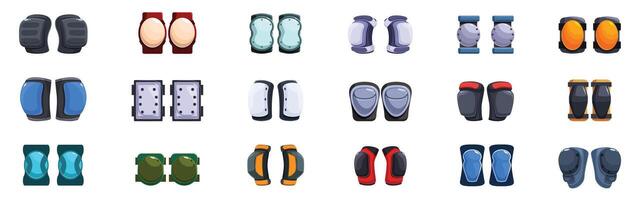 Knee pads icons set. Set of knee pads for extreme sports and work safety in different designs providing knee protection vector