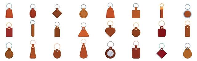 Leather keychain icons set. Leather keychain collection presenting various shapes and styles vector