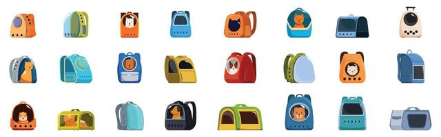 Backpack pet icons set. Set of cat and dog carrier backpacks for traveling with pets vector