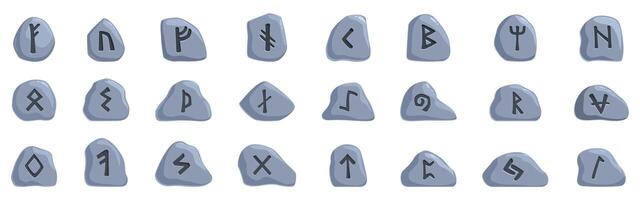 Rune stones icons set. Set of rune stones with ancient norse alphabet characters engraved on them vector