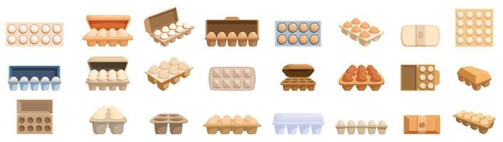 Egg package icons set. Collection of empty, half full and full egg boxes made of cardboard and plastic vector