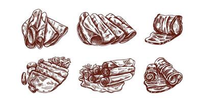 Hand-drawn monochrome sketch of pork meat, ham slice, prosciutto vintage sketch. Butcher shop. vector