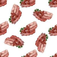 Hand-drawn seamless pattern of bacon, hamon or pork meat, ham slices. Italian prosciutto vintage sketch. Butcher shop. Great for label, restaurant menu. Engraved image. vector