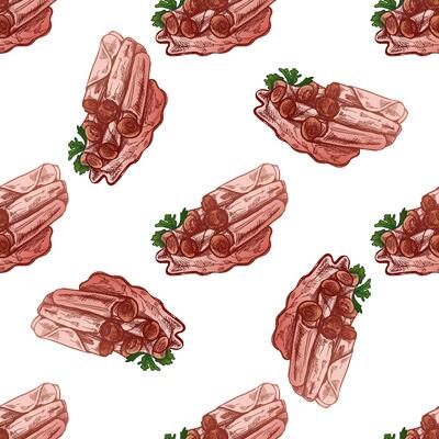 Hand-drawn seamless pattern of bacon, hamon or pork meat, ham slices. Italian prosciutto vintage sketch. Butcher shop. Great for label, restaurant menu. Engraved image.